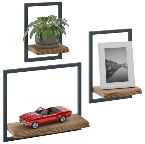 LAMO Manufaktur Wandregale aus Holz Set 3 St. 15/20/35cm | Küchenregal Wand, Badezimmer Regal Hängend, Wandregal Wohnzimmer | Farbe: Nussbaum, Rahmen: Anthrazit