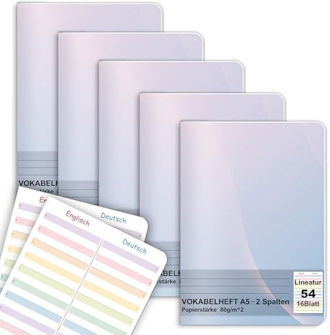 5 Stück Farbliche Englisch Vokabelheft A5 2 Spalten Liniert mit Teilungslinie Lineatur 54 16 Blatt Vokabel Notizbuch für Englisch Vokabeln Schulheft A5 Schulbedarf für Schüler Lernen Üben 80g/m²