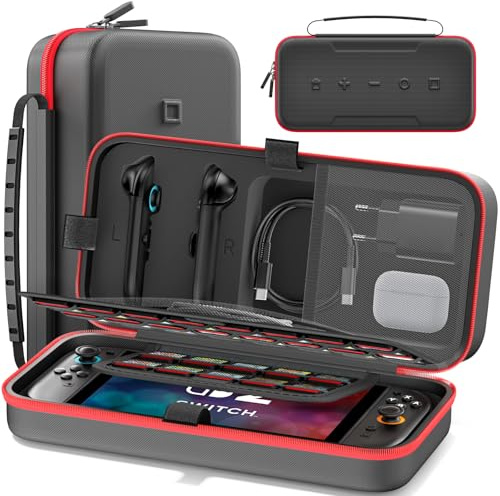 Tokluck Nintendo Switch Tasche geeignet für Switch Original/OLED/Switch 2 JoyCon, Switch Hülle mit 26 Steckplätze für Spielkarten, Switch Case für JoyCon 2 und EU Netzteil, Switch 2 Tragetasche Rot