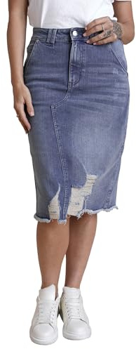 Enorsia Womens Mid Blue Denim Skirt with Slim Fit Knee Length Vintage Jean Skirt with Distressed Patch, Raw Hem, Pockets, Belt Loops, Zip Fly Casual Outfit