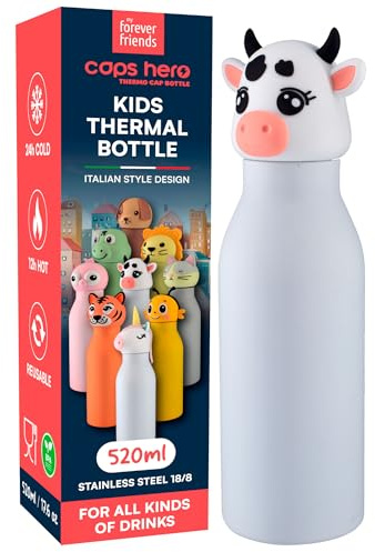 Borraccia Termica per Bambini Acciaio Inox Senza BPA 520ml - CapsHero Mucca Cow Cora Borraccia Riutilizzabile Antiodore Doppia Parete 230x70mm - Caldo 12h Freddo 24h - Collezione My Forever Friends