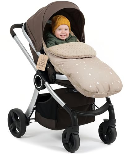 Fußsack Kinderwagen und Buggy für Winter 90x45 cm - Fusssack Winterfußsack warme Einlage Einschlagdecke Baby Zubehör warm Minky Beige mit Weiß Sternen