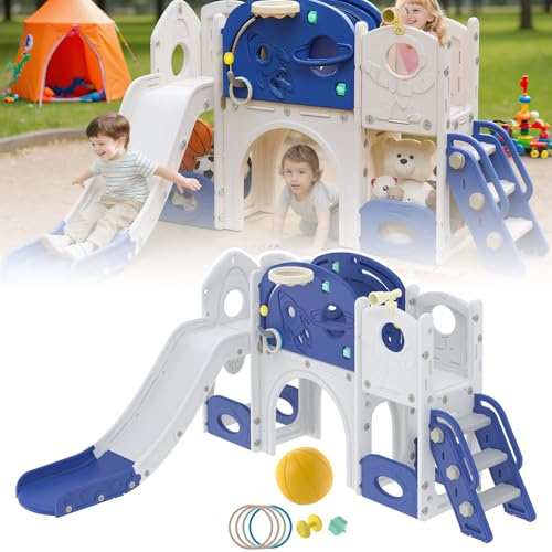 ACXIN Kinder Rutsche mit Tunnel, Versteck und Basketballkorb – freistehend Spielset für Indoor & Outdoor, Babyrutsche aus HDPE + PP Kunststoff, Blau-Weiß, 172x154x94 cm, bis 50 kg