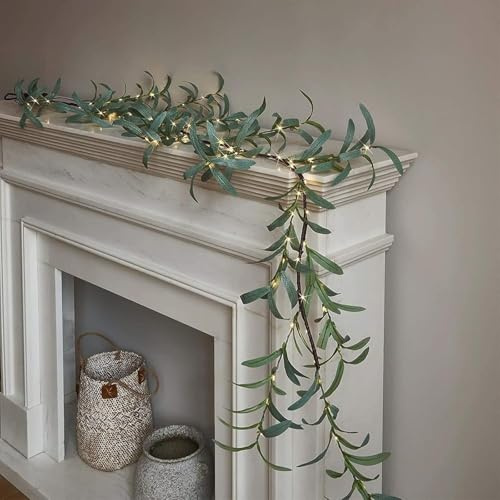 LuupoCiore Twinkling Tree Olive Vine, 6ft Fairy Light Olive Vine Garland, Faux Vine Lights Artificial Greenery Garland, Prelit Lighted Artificial Garlands for Christmas Fireplace Mantle (B)