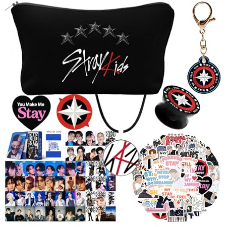 JESUSHAIN Korea Pop Merch Set – 7-teiliges Fanartikel-Set mit Tasche, Schlüsselanhänger, Stickern, Halskette, Buttons & Karten – Korea Pop Geschenk für Fans & STAY
