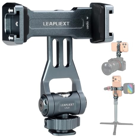 LEAPLIEXTPhone Tripod Mount, Cold Shoe & 1/4-20 Thread, Camera Phone Mount | Metal Phone Clip, 60-90mm Adjustable Clamp, 360° Rotation, Compatible with iPhone 17/16/15 & Samsung Galaxy, Video & Photo