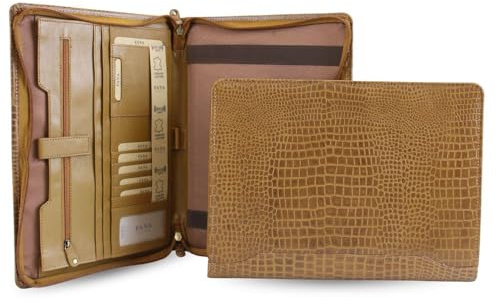 Fana Bags Leder Schreibmappe Croco - Luxus Leder Konferenzmappe mit Reißverschluss - A4 Businessmappe - Geschenk (Cognac)
