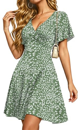 PLMOKEN Sommerkleid Damen Kurz Blume Kurzarm Wickel Kleid Damen Sommer | V Ausschnitt Kurzarm Strandkleid Luftig Empire Taille Kleid für Hochzeitsgäste mit Taschen