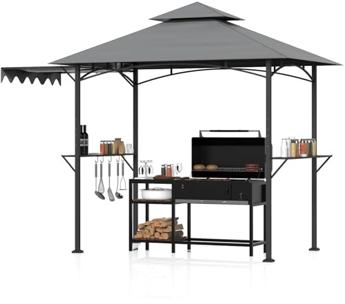 Huracan Grillpavillon mit Seitenmarkise, Doppeldach BBQ Pavillon, 2 Seitenregalen & Haken, Gartenpavillon BBQ Pavillon, Gazebo Grillüberdachungen Wetterfest, Grillunterstand Gartenlauben Partys