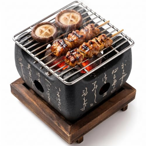 Tragbarer Holzkohlegrill, Japanischer BBQ Grill für Tisch (15x13.5cm) | Mini Holzkohle Tischgrill mit Drahtgeflecht, Holzkohleofen Campingkocher für Indoor Outdoor Kochen