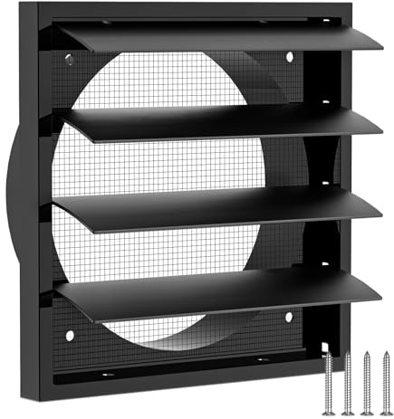 Hon&Guan Rejillas de Ventilación Rectangular 150mm con Láminas Móviles & Mosquitera, 175mm x 175mm Exterior Rejilla Aire Acondicionado Conductos Cubierta para Garaje, Campana Extractora, Negro