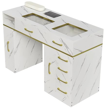 Warmiehomy Professional Nail Desk with Built-in Nail Dust Collector Manicure Table Salon Nail Station Beauty Manicure Nail Desk Manicure Station with 6 Drawers 2 Cabinets 115x45x75cm（White）