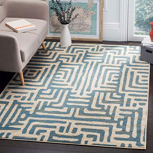SAFAVIEH Modern Teppich für Wohnzimmer, Esszimmer, Schlafzimmer - Amsterdam Collection, Kurzer Flor, Elfenbein und Hellblau, 201 X 279 cm