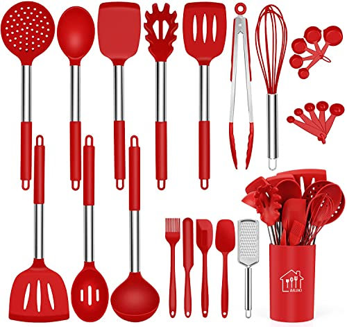AILUKI 17-teiliges Silikon Kochgeschirr Set, Küchengerät Küchenhelfer Set mit Edelstahlgriff, Antihaft Hitzebeständiger Silikonspatel Set, Küchenutensilien mit Edelstahlgriff Rot