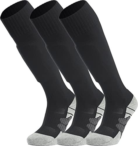 APTESOL Knielang Fußballsocken Kinder Jugend Erwachsene Lang Sportsocken Kissen Atmungsaktiv Soccer Trainingssocke (3-Paar Schwarz-A, EU 40-44)