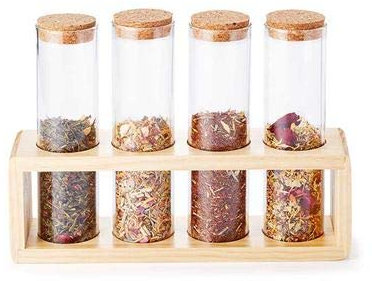 Cha Cult Geschenk-Set Tammie 4 Gläser zum Abfüllen von Tee, mit Korken im Holzständer, 1 Reagenzglas 0,25l, H 18,5 x Ø 5cm, Holzständer: L 27 x H 19 x T 7 cm