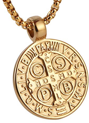 AsAlways Men's St Benedict Exorcism Pendant Necklace Stainless Steel Catholic Roman Cross Demon Protection Ghost Hunter(CSPB) 22 + 2 inch chain(Gold)