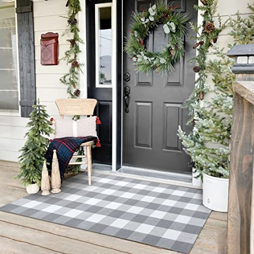KOZYFLY Buffalo Plaid Teppich, 90 x 152 cm, Grau und Weiß kariert, waschbar, Haustürmatte, handgewebte Baumwolle, Outdoor-Teppich, großer Teppich für Veranda, Küche, Eingang, Terrasse, Badezimmer