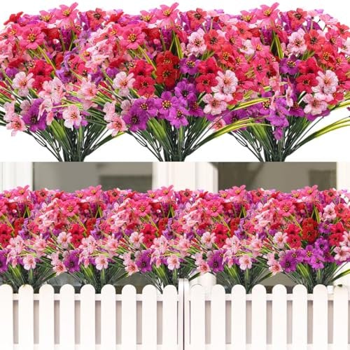 ALAGIRLS Outdoor Artificial Flowers Plants 12 Bundles, Indoor Decorative Fake Flowers for Home Garden Wall Wedding Party, Faux Flowers Bulk for Outside Planter Window Box, Pink Purple Fuchsia