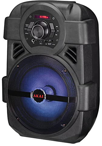 AKAI Mobiler Bluetooth-Lautsprecher mit LED-Lichteffekten und Mikrofon-Eingang für Karaoke, FM-Radio, USB, AUX, mit Karaoke-Mikrofon 29x24x40cm