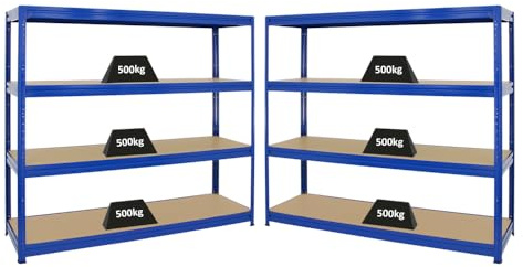 PROREGAL Mega Deal 2er-Sparset Profi-Schwerlastregal Dino HxBxT 180x200x60cm Fachlast 500kg Blau, Kellerregal, Steckregal, Garagenregal, Lagerregal