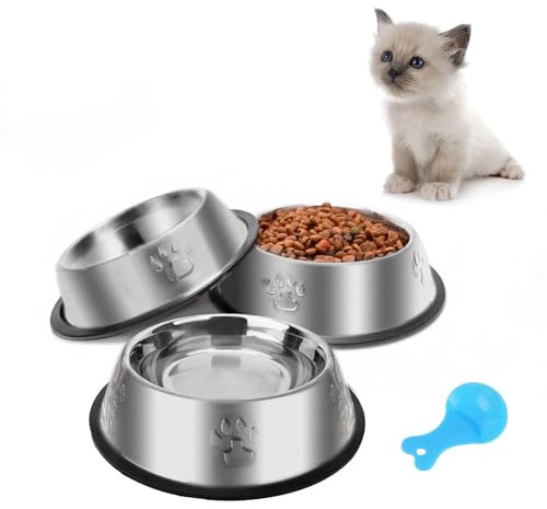 Stainless Steel Cat Bowls, 3 Pack Metal Dog Bowls for Food and Water, Non-Slip Pet Feeding Dish Bowl with Rubber Base for Cat Puppy Small Medium Dog