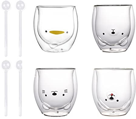 Doppelwandige Latte Macchiato Gläser,niedlich Bär Ente Katze 250ml 4 Becher und 4 Löffel,Cappuccino Tassen Eiskaffee Becher Teegläser Thermogläser Doppelwandig, Kaffeegläser Coffee Cup Mokkatassen