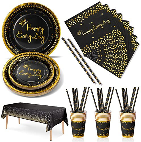 Nkaiso 126pcs Noir Or Party Vaisselle,Happy Everyday Decoration fête Anniversaire Kit,Papier Assiette Papier Tasse Serviette Pailles Nappe,en Mariages Baby Shower Noël, 25 invités