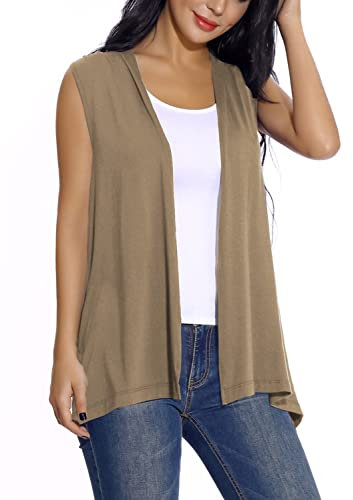 Femmes sans Manches Cardigan Solide Gilet Leger Veste(L, Chameau)