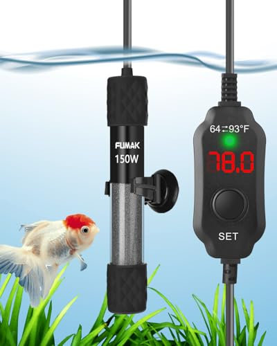Kulife Fumak 150W Adjustable Aquarium Heater Super Short Submersible Fish Tank Heater Fish Heater with LED Digital Display Thermostat, for Tanks 15-30 Gallons