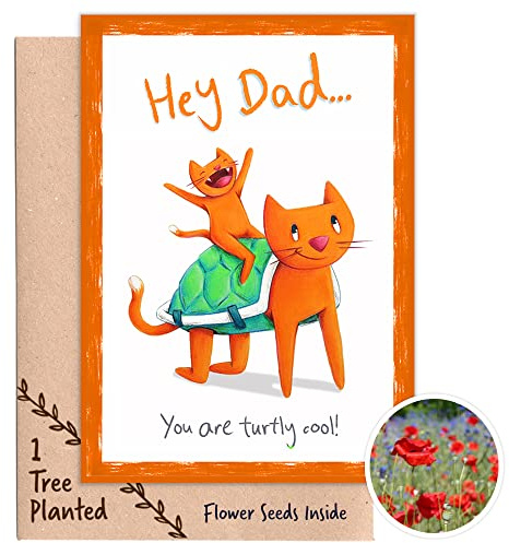 1 Tree Cards Dad Birthday or Fathers Day Card - Cat & Turtle - Plant a Tree Gift & Seed Card that Grows Bee Friendly Flowers - Recycled, Plastic Free