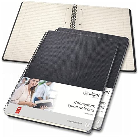 SIGEL CO841/3 Premium Spiralblock A4, liniert, schwarz, 80 Blatt, 3er Pack, sehr stabiler Hardcover-Einband, mit versetzbarem Register, Einsteckfach, aus nachhaltigem Papier, Conceptum