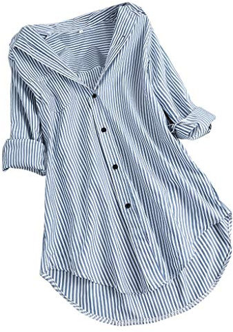 Chemise Blanche boutonnée décontractée à Manches Longues pour Femme - Chemise rayée imprimée rayée boutonnée, Zza-Bleu Ciel, Taille M