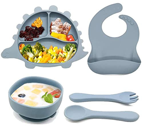 Juego de Vajilla Bebe de Silicona de 5 Piezas, Juego de Vajilla Infantil para Bebe, Vajilla Bebe Silicona con Ventosa Plato y Cuenco Cuchara Tenedor Babero Set, Bebé Alimentación Aprendizaje Set