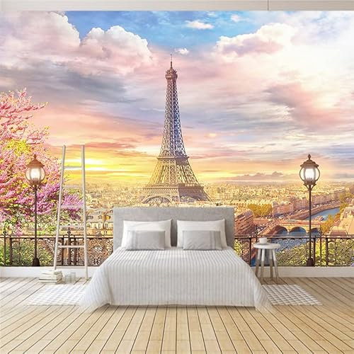 BOVZOX Papier Peint Panoramique Fleurs et Tour Eiffel 3D Moderne Papier Peint 3D Intissé Décoration Murale Intissé Chambre Salon Decoration Taille:L200CMxH175CM