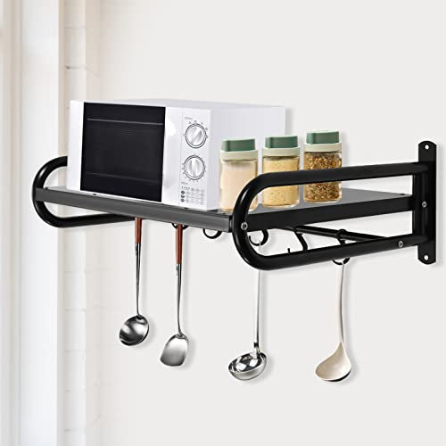 Estantería de pared para microondas, rectangular, soporte de pared, soporte para microondas, soporte para microondas, con 6 ganchos móviles, grosor de acero inoxidable, soporte para microondas