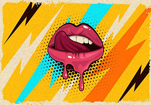 wandmotiv24 Fototapete Pop Art Bild Mund, 200 x 140cm - selbstklebende Vliestapete 150g, Wanddeko, Wandbild, Wandtapete, abstrakt Gemälde Blitz gelb schwarz orange M6684