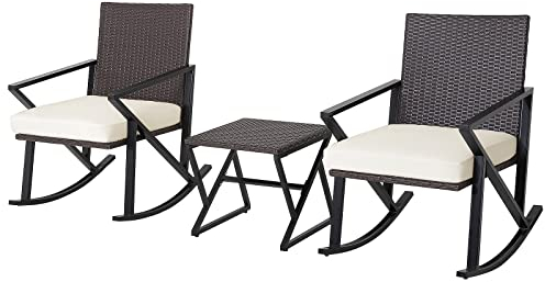 GOPLUS Rattan Schaukelstuh Set, Gartenmöbel Set mit 2 Schaukelstühlen & 1 Tisch, Terrassenmöbel Set mit Kissen für Garten, Balkon & Terrasse