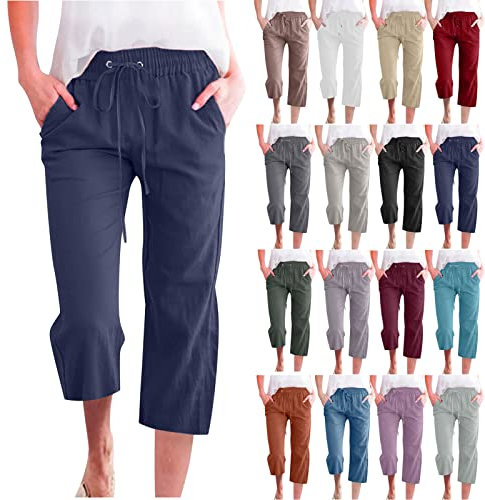 Pantalon d'été décontracté 2024 avec cordon de serrage élastique taille haute en lin pour femme, #012 Bleu marine, Taille M