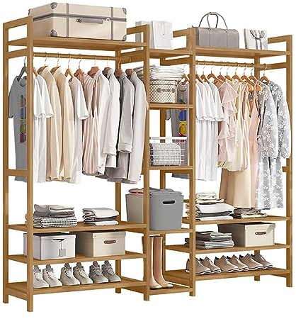 Taotigzu Portant à Vêtements,170cm Porte-Manteau,Porte-vêtements avec Étagères à Chaussures,Armoire Ouverte Penderie Bambou avec Etagères de Rangement pour Maison Salon (170)
