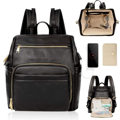 MISS FONG Wickeltaschen-Rucksack, Wickeltasche, wasserdicht, großes Fassungsvermögen, Baby-Reise für Mama und Papa, mit 6 isolierten Taschen, USB-Anschluss, Kinderwagen-Clips und Wickelunterlage,