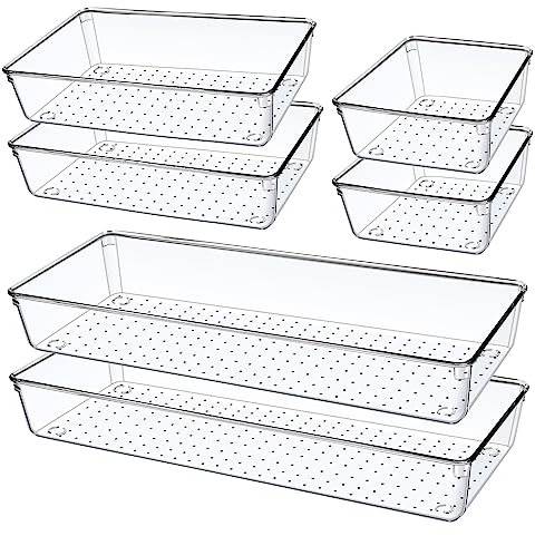 6 Piezas Organizador Cajones Cocina Baño Transparente, 38cm con 3 Tamaños Organizadores de Cajones Plastico Grande, Cajas Organizadoras Baño para Cubiertos, Maquillaje, Tocador, Escritorio Cajones