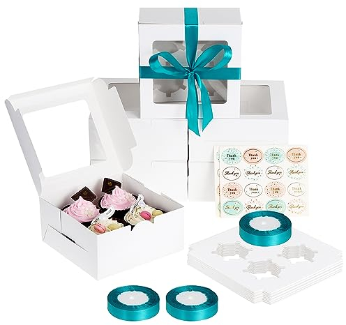 Coolty 30 Stück Cupcake Boxen 4 Löcher Karton Verpackung Boxen Bäckerei Gebäck Boxen mit Fenster und Einsätze für Cookies Muffins Cupcakes Desserts Torten (Weiß)