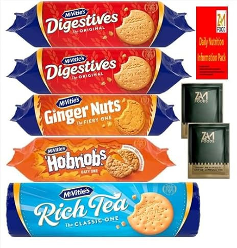 Mixed Assortment of McVitie's Classic Variety Biscuits & Zamfoods Tea, Nutrition Info Pack, Digestives Rich Tea Ginger Nuts Hobnobs Cookies, Perfect for Sharing with fmaily & Gifting on Christmas