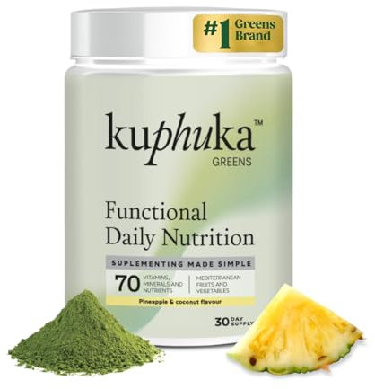 KUPHUKA GREENS - Super Greens en Polvo con +70 Super Foods, Vitaminas, Minerales, Probióticos y Antioxidantes – 100% Natural, Vegano, Gluten Free (Piña/Coco)(411 g (30 dosis))
