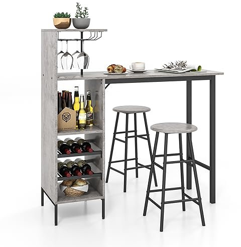 COSTWAY Bartisch mit Barhocker Set, 2 Personen Bartisch Set mit Halterungen für Weingläser und Flaschen, Küchentheke für Wohnzimmer, Esszimmer und Küche (grau)