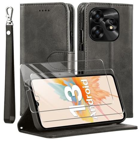 for Umidigi A15T/Umidigi A15 Case and 2 Tempered Glass Screen Protector, Leather Wallet Phone Case with Card Slots Magnetic Closure Kickstand Shockproof Protective Cover for Umidigi A15C- Black