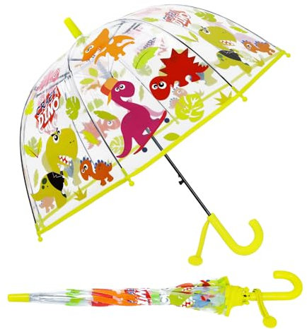 Dinosaurier Regenschirm Kinderschirm Stockschirm, Windsicher Robustheit Regen Regenschirm Transparent, Kinderregenschirm Durchsichtig Junge Mädchen, Kuppel-Blasenschirm Durchmesser=70cm Grün