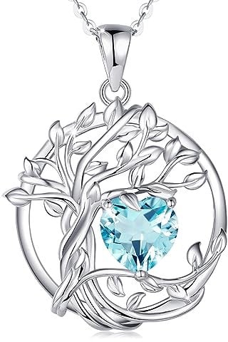 FANCIME Lebensbaum Aquamarin Kette für Damen 925 Sterling Silber Baum des Lebens Aquamarin Anhänger Halskette Schmuck Geschenke für Frauen Mädchen, Kettenlänge: 40+5 cm