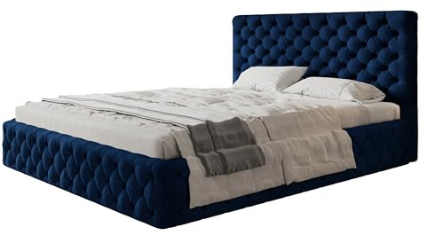 AlpiMeble Polsterbett 160x200, Kronos-Stoff, Holzrahmen, Blau | Bett, Betten mit Bettkasten, Modern Betten, Weicher Stoff, Kollektion Slim Miami